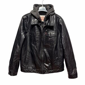 Levi’s Classic Hooded Sherpa Trucker Jacket Black Faux Leather Hoodie Jacket L